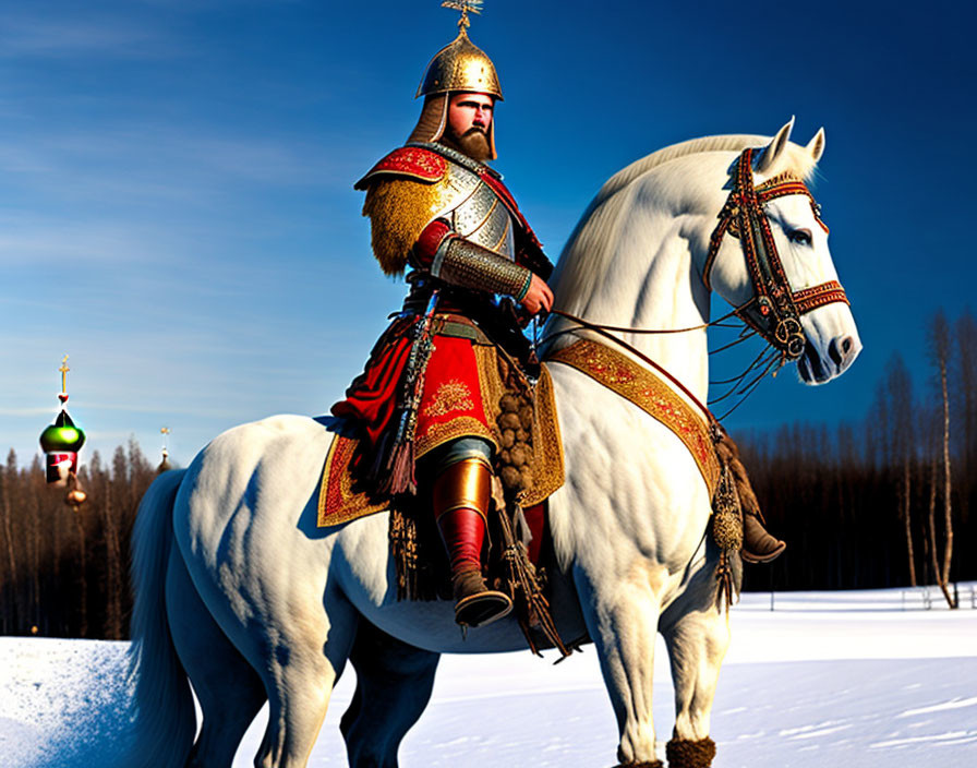 Medieval warrior on white horse in snowy landscape with forest and domed structure