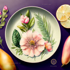 Vintage floral plate with pink flower, fruits, and greenery illustration.