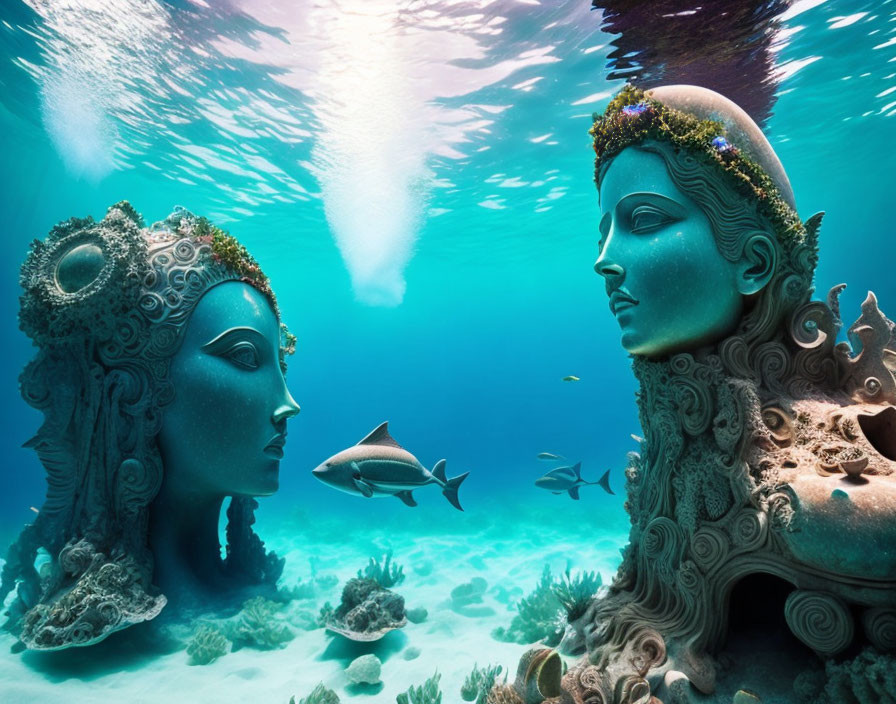 Intricately carved underwater statues in colorful coral scene