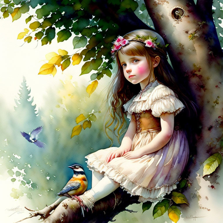 Young girl in dress with floral wreath sits on tree branch with bird in lush foliage