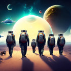 Astronauts in space suits explore alien planet with moons and spaceships