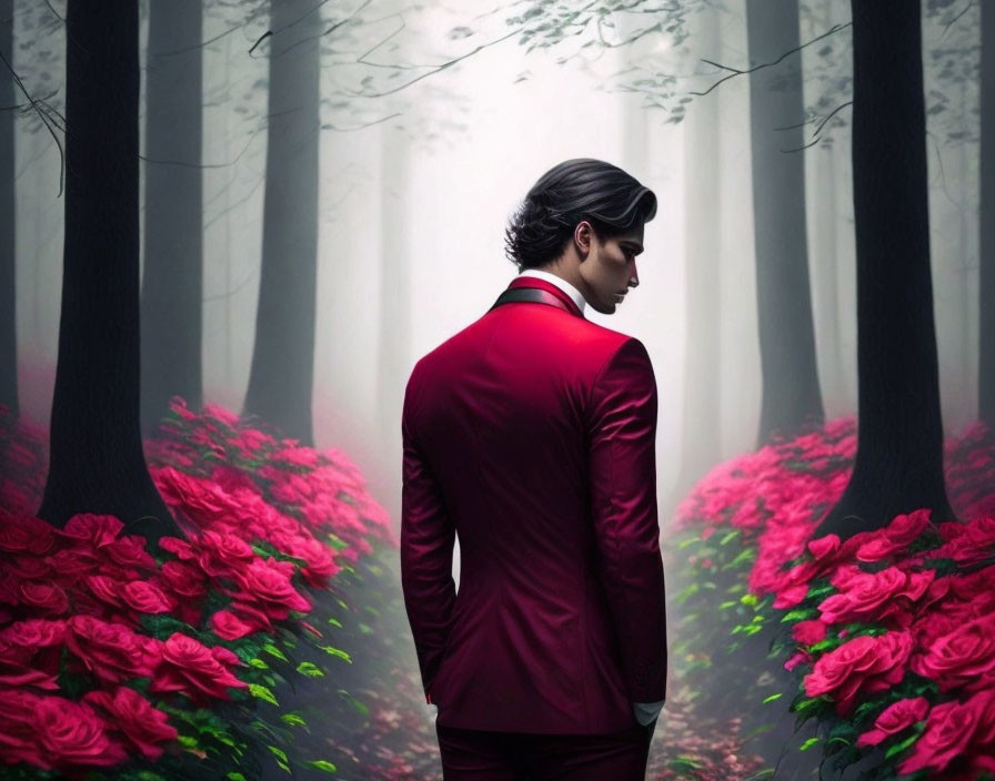 Man in Red Suit Standing in Misty Forest with Pink Roses