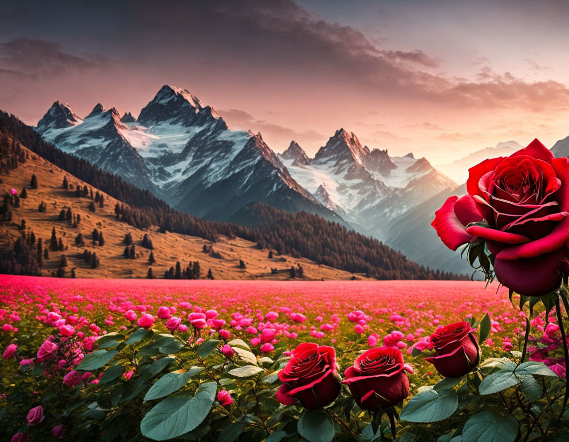 Pink roses field with snow-capped mountains and pastel sky
