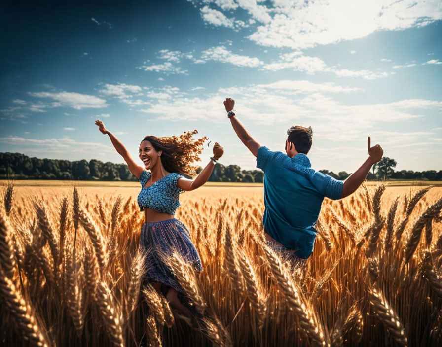 Joyful couple running in golden wheat field under blue sky