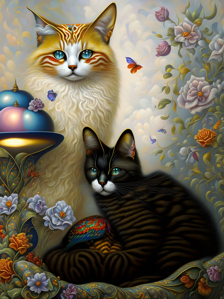 Whimsical orange and black cats with floral backdrop and butterfly