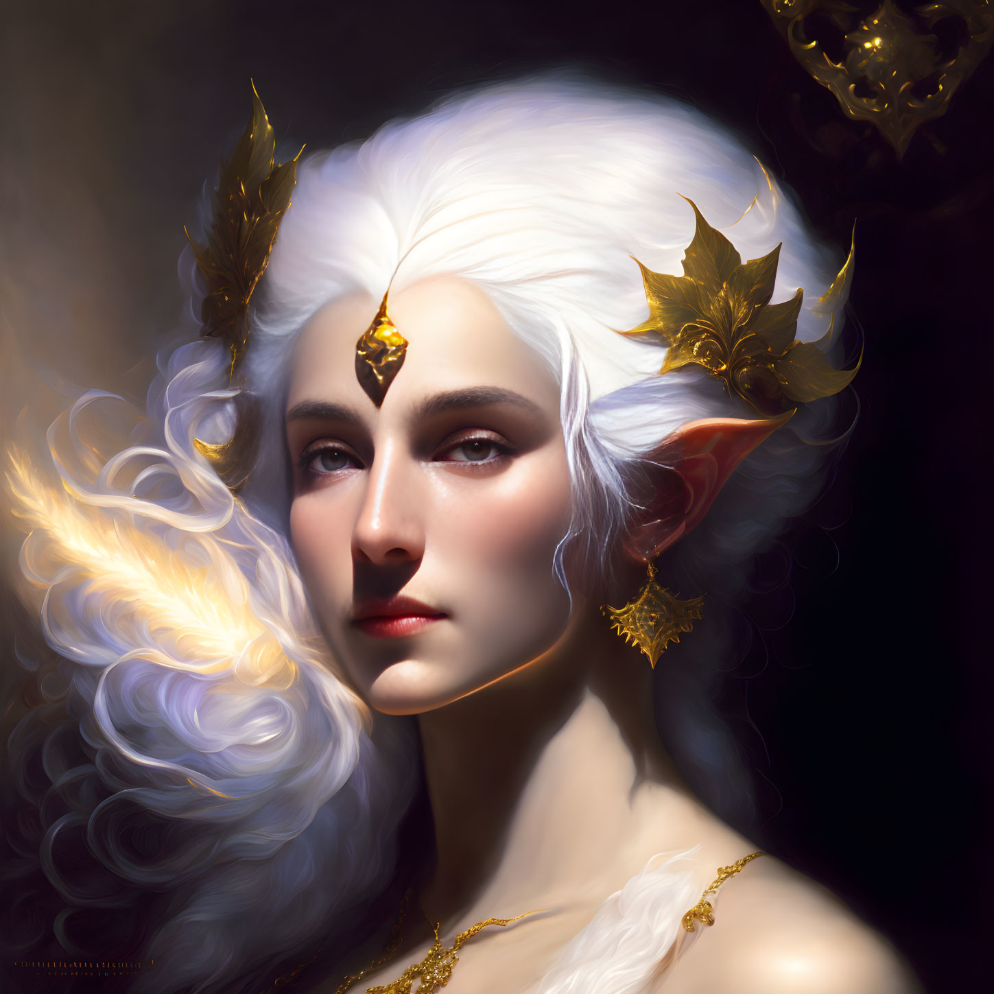 Fantasy character with white hair, leaf crown, and jewelry on dark background