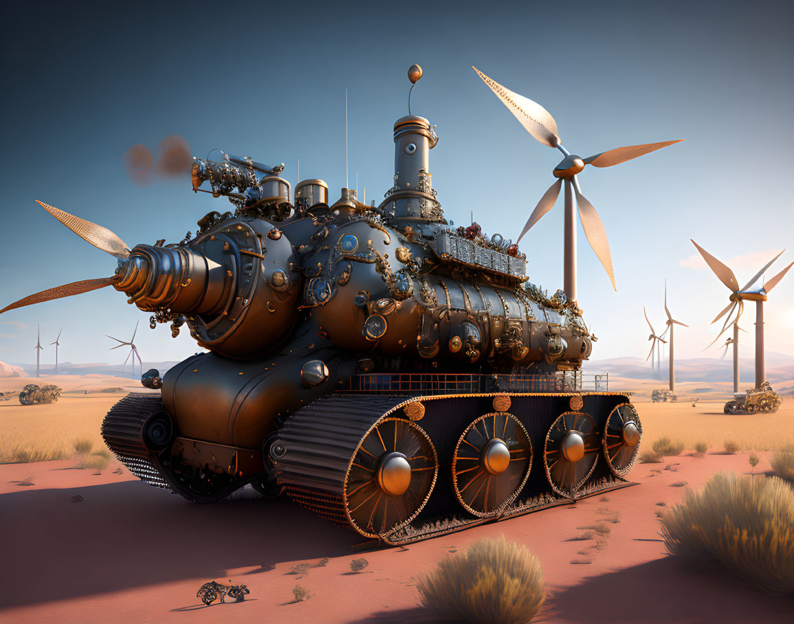 Steampunk-style tank crawling in desert with wind turbines