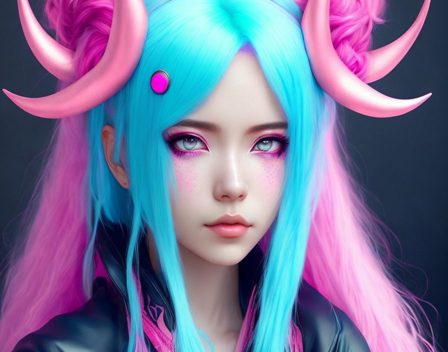 Vibrant Blue and Pink Fantasy Character with Horns and Freckles