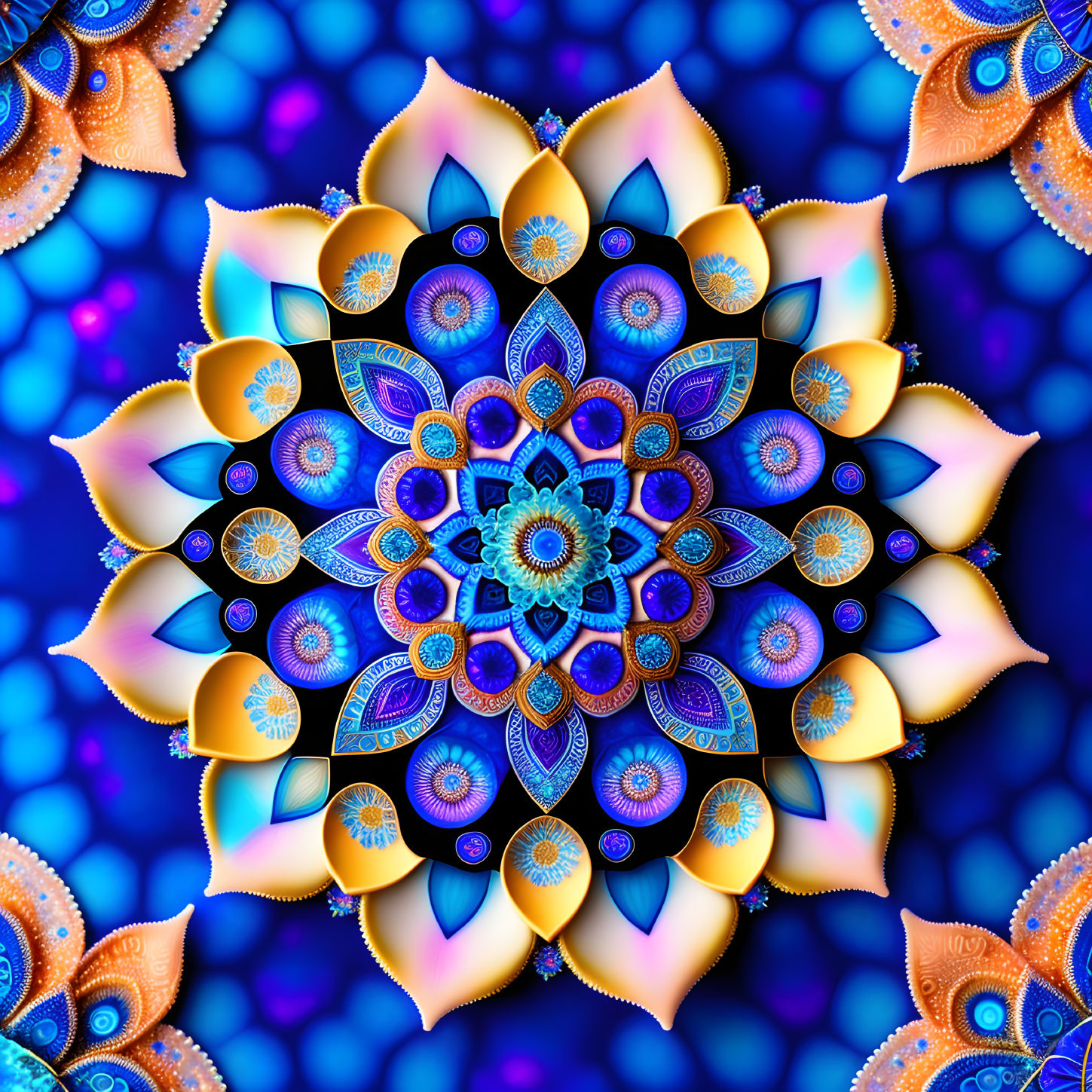 Colorful digital mandala with intricate blue, gold, and purple patterns