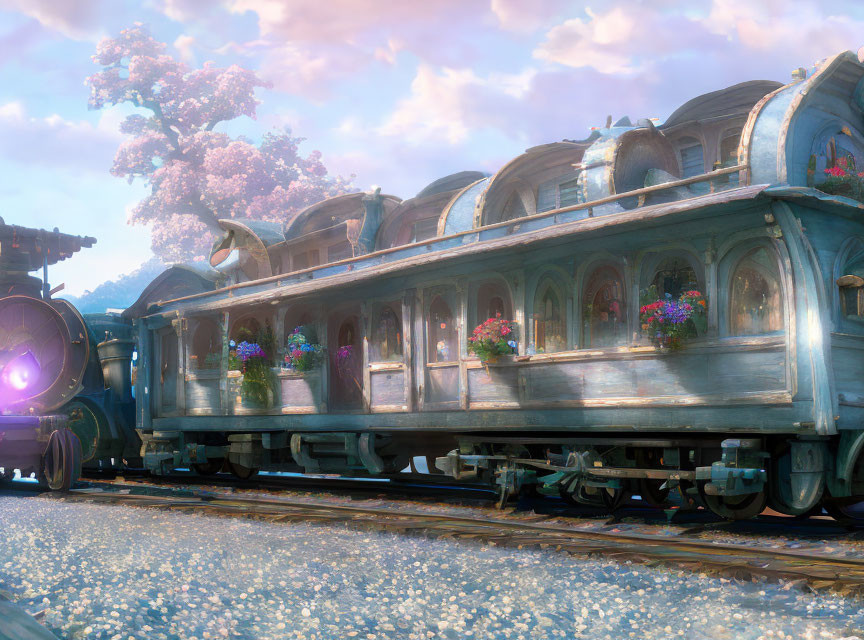 Vintage Train with Floral Decorations Under Cherry Blossom Tree