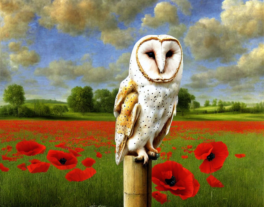 Barn Owl on Lonely Pole in front of many Poppies