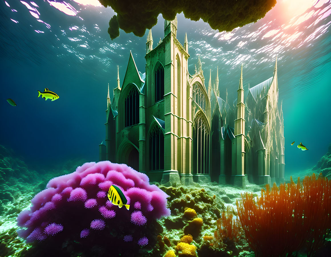 Underwater scene with gothic-style cathedral, coral reefs, and tropical fish