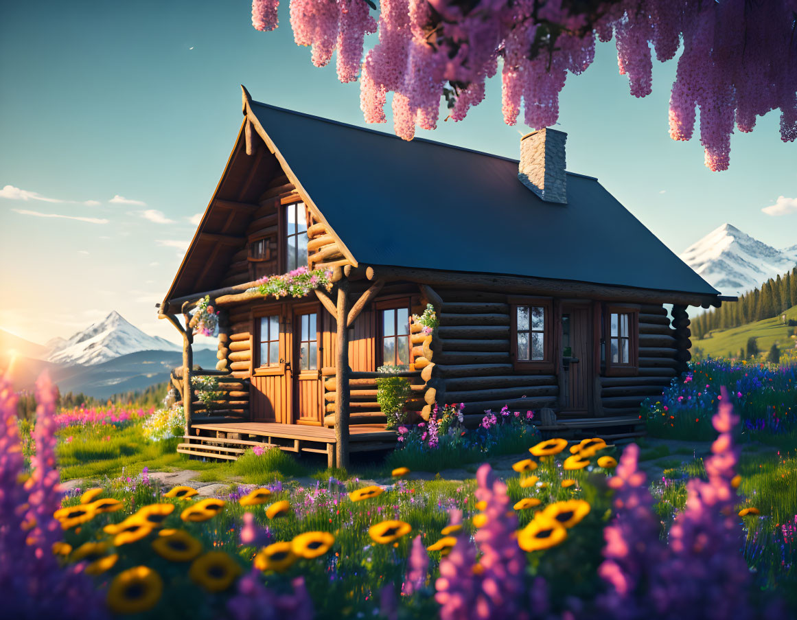 Rustic log cabin with black roof amidst colorful flowers and mountains