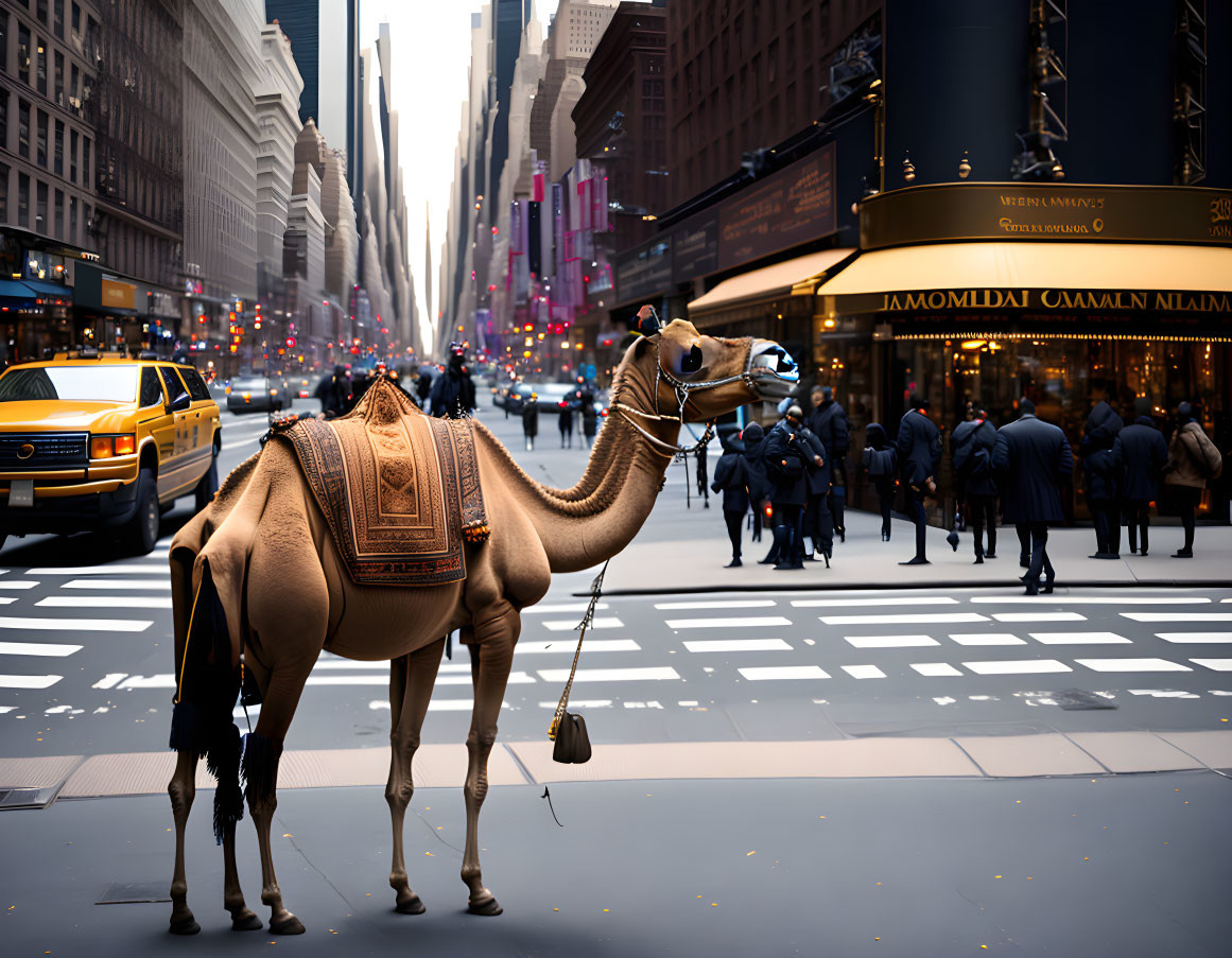 Camel in City Street Surrounded by Pedestrians and Taxis