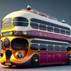 Shiny gold and purple futuristic double-decker bus in rainy cityscape