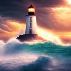 Rocky Outcrop Lighthouse at Sunset with Dramatic Waves