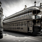 Vintage-style ornate tram in city street with pedestrians and classic street lamps