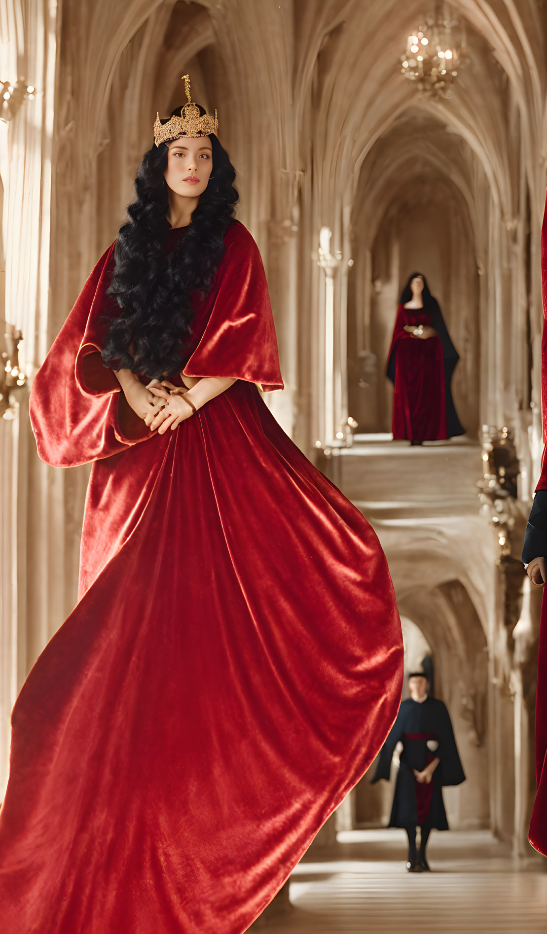 Regal woman in red velvet cloak and golden crown in ornate corridor