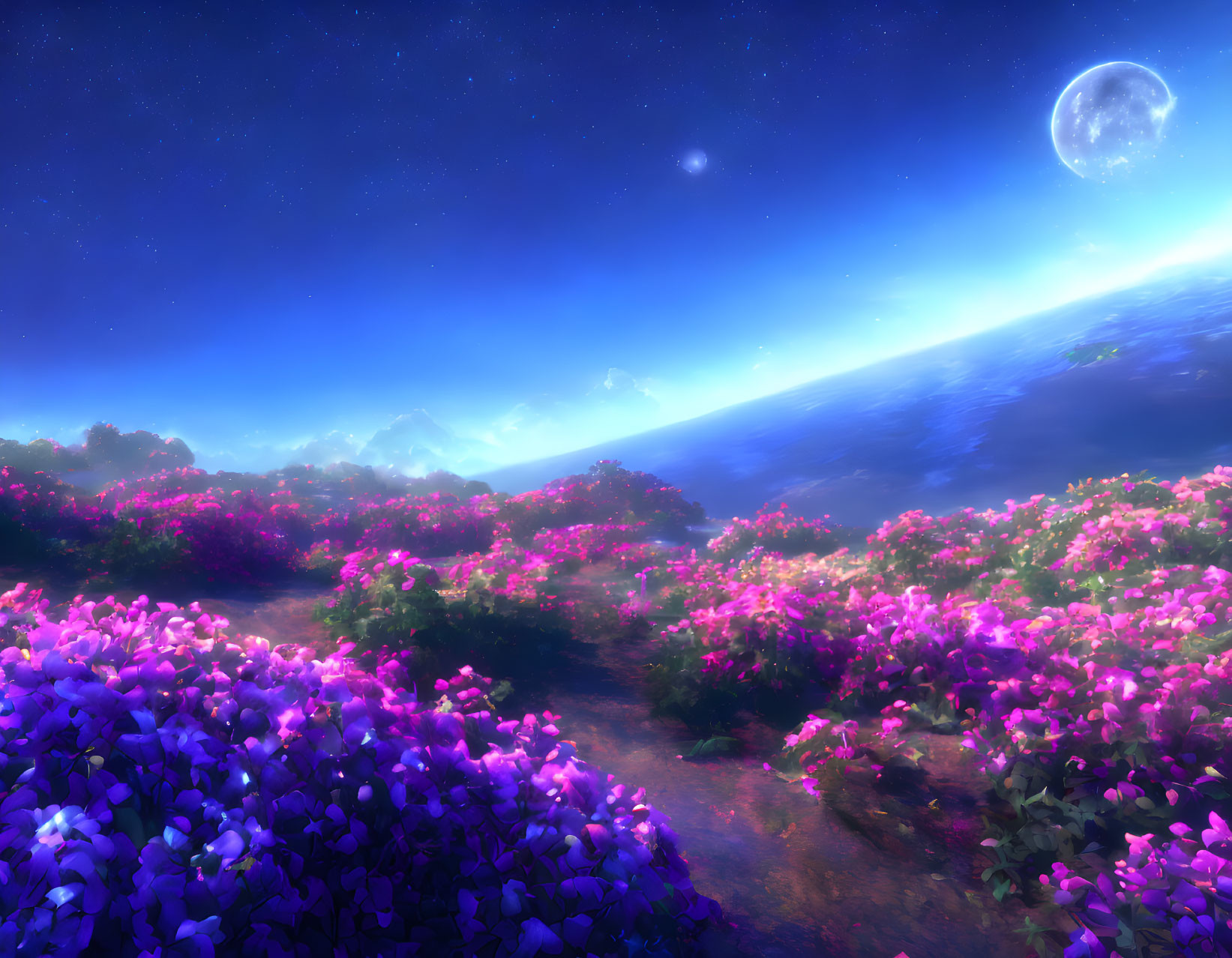 Colorful digital art: flower landscape, distant mountains, starry sky, planet, moon