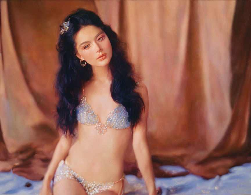 Portrait of a Woman in Bejeweled Bikini Against Draped Background