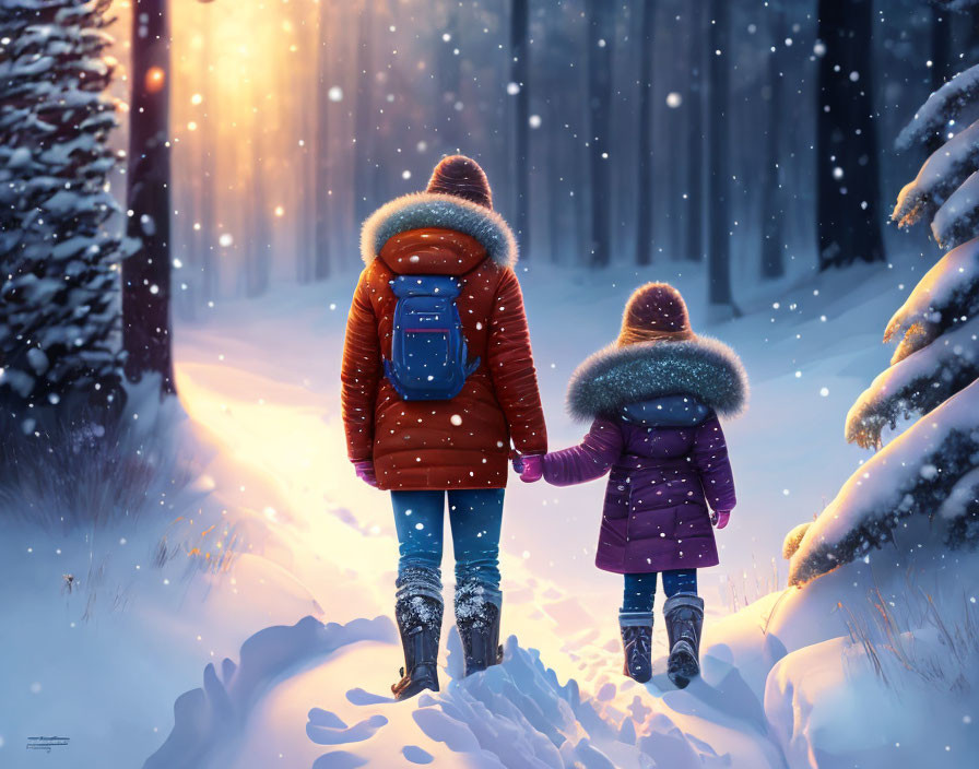 Couple in Winter Coats Walking in Snowy Forest