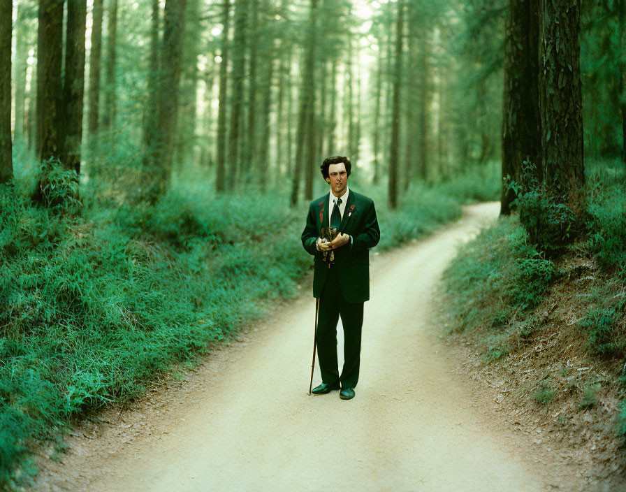Man in dark suit standing on forest path surrounded by tall green trees