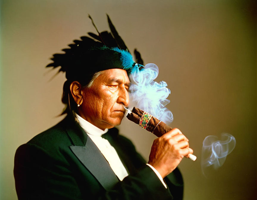 Elder Man Smoking Ornate Pipe with Feathered Headdress