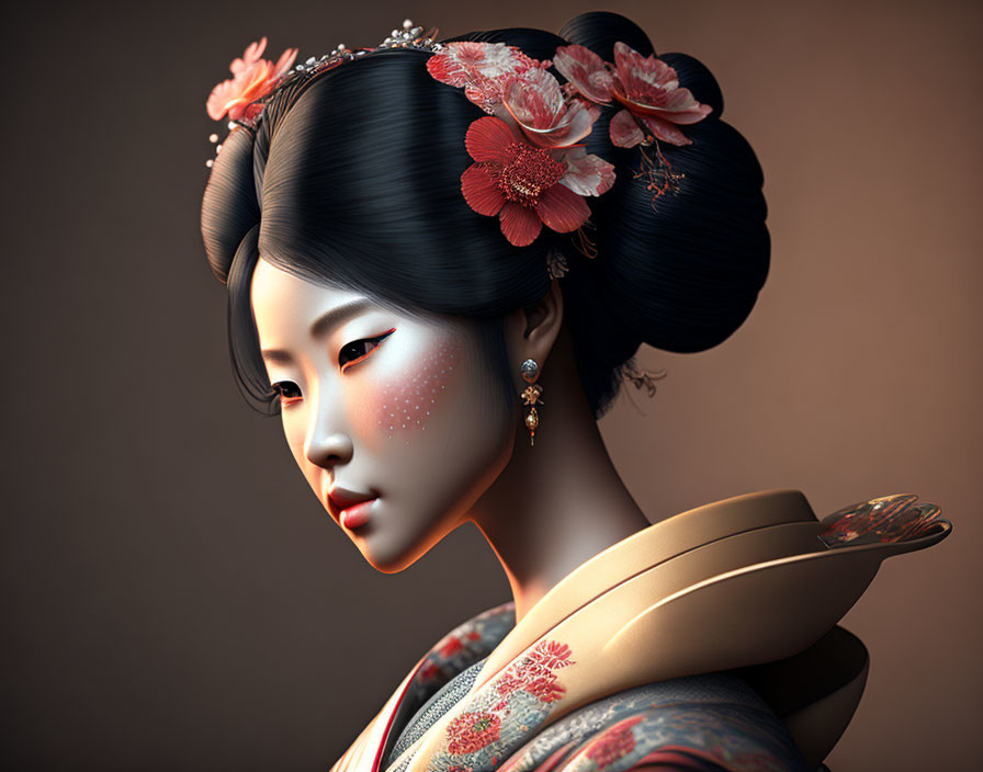 Digital art portrait of a woman in Japanese attire with elaborate floral hairstyle