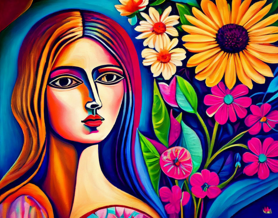 Vibrant Cubist-style painting of a woman's face with bold eyes and serene expression, surrounded