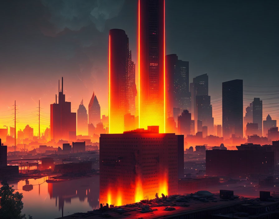 Futuristic cityscape at dawn with glowing red lights and river reflection