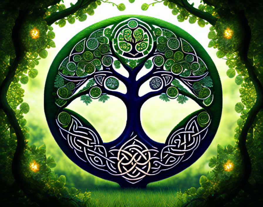 Stylized tree with Celtic knot patterns on vibrant green background