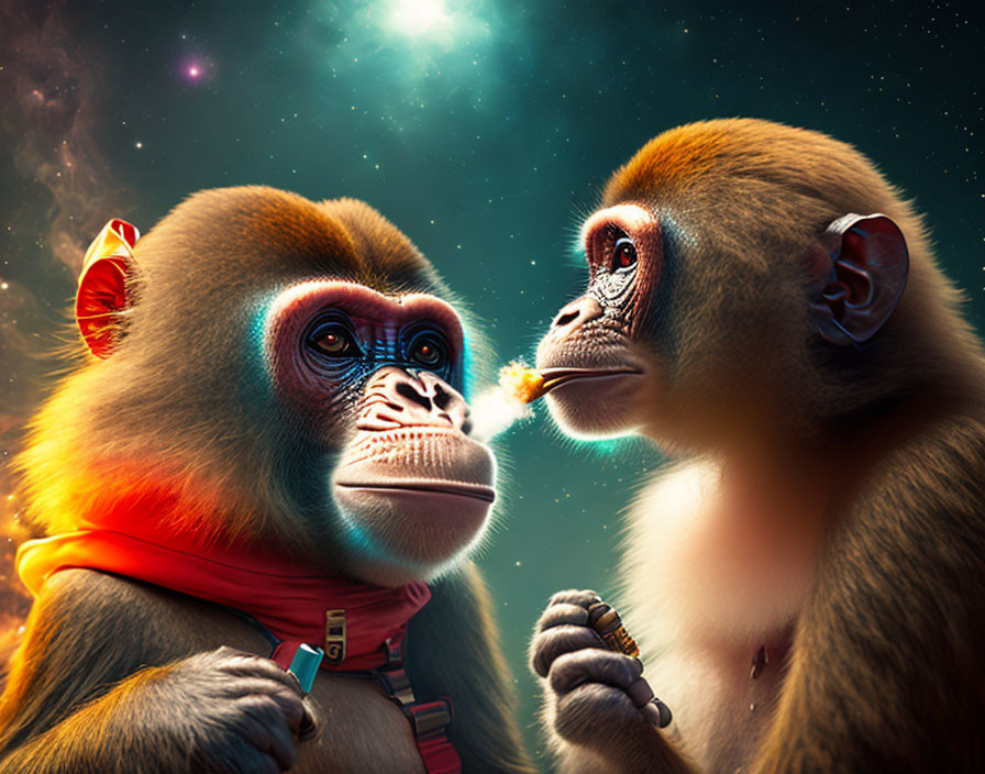 Stylized monkeys in space with cosmic background