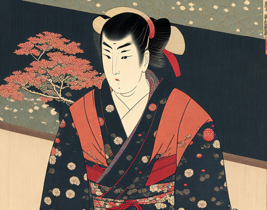 Traditional Japanese Woodblock Print of Person in Kimono with Red and Black Pattern