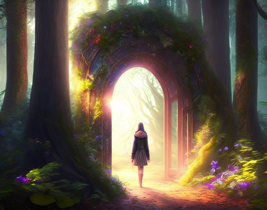 Person standing before mystical archway in sunlit forest