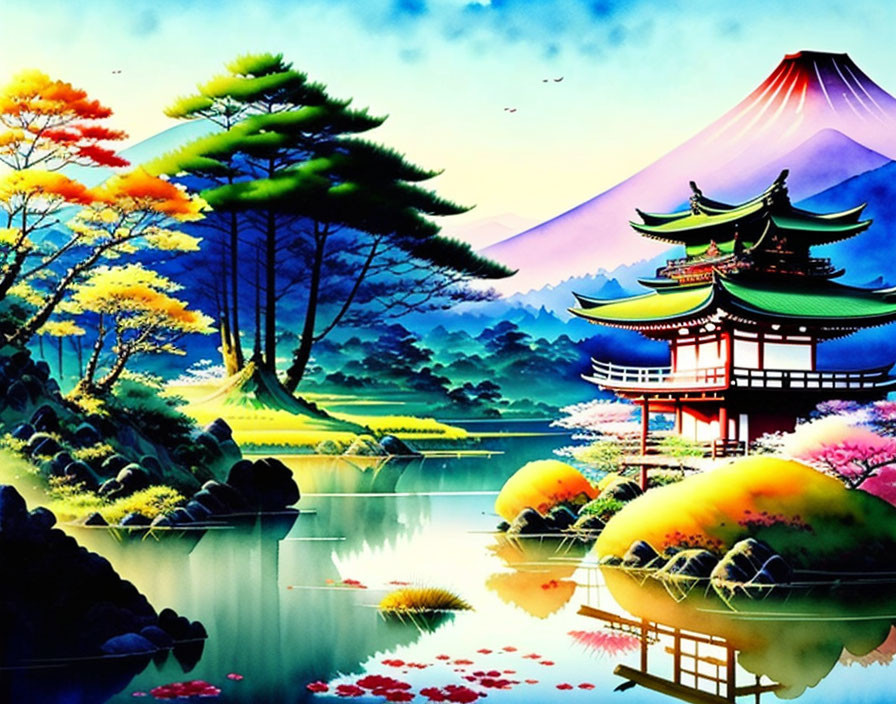 Japanese landscape digital artwork: pagoda, Mount Fuji, colorful trees, birds, clear sky