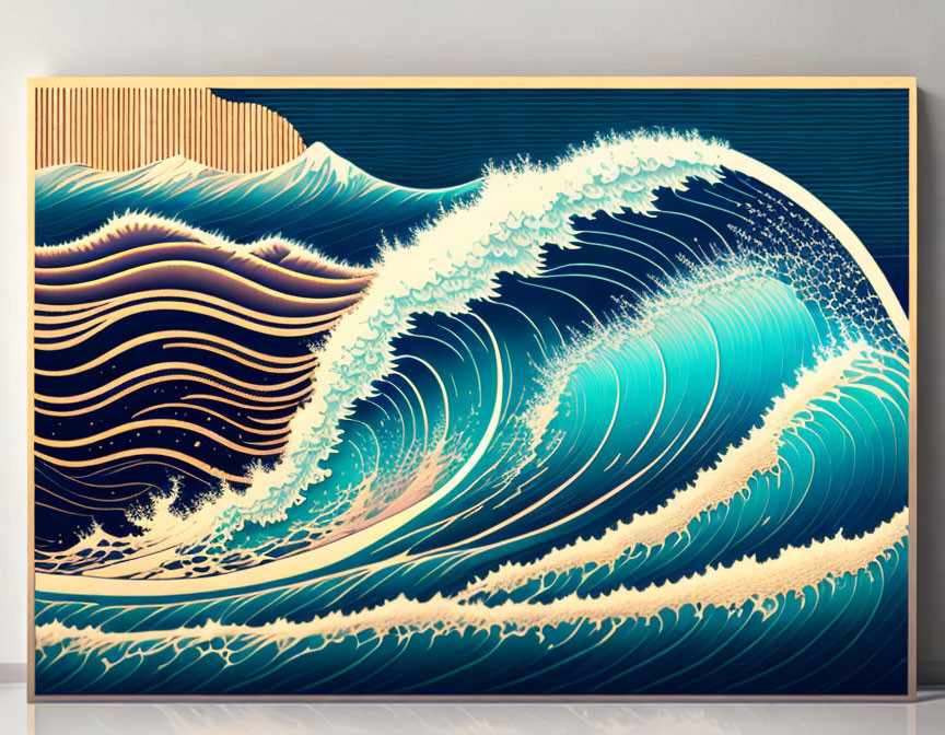 Detailed Stylized Blue Wave Illustration on Golden Background