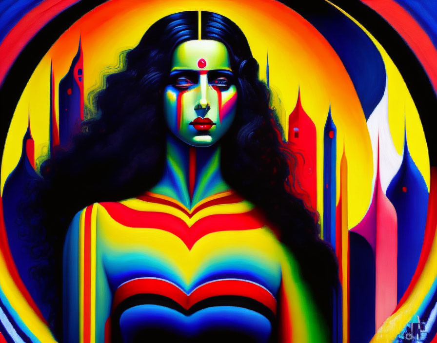 Colorful Psychedelic Portrait of Woman with Flowing Hair Against Abstract Backdrop