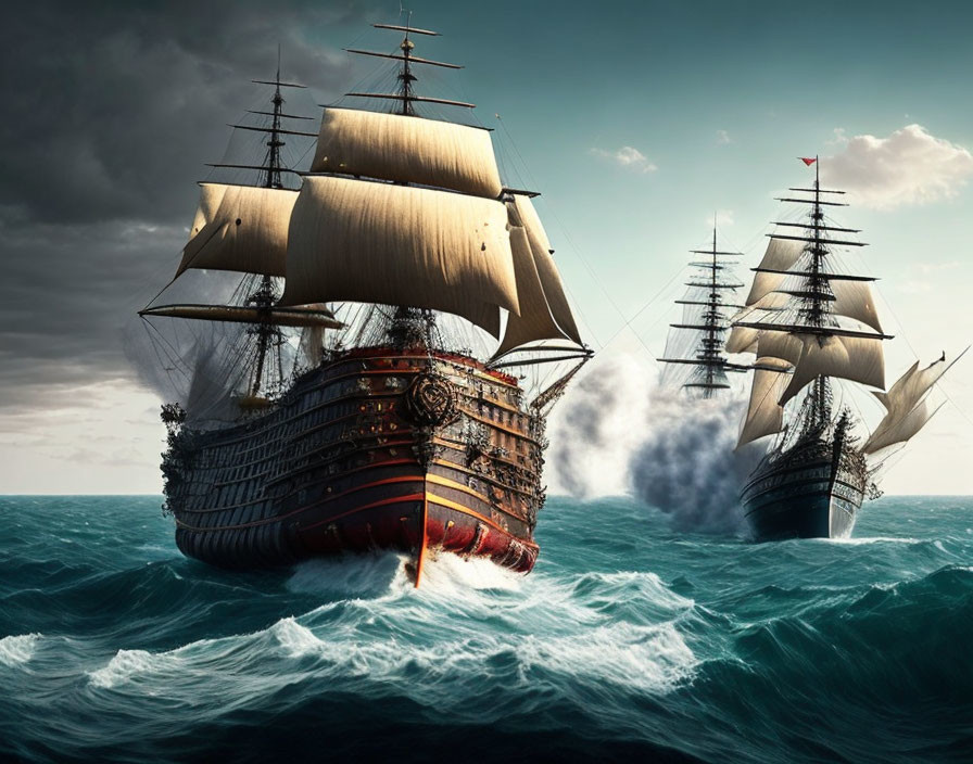 Sailing ships in stormy seas with cannon fire and cloudy skies