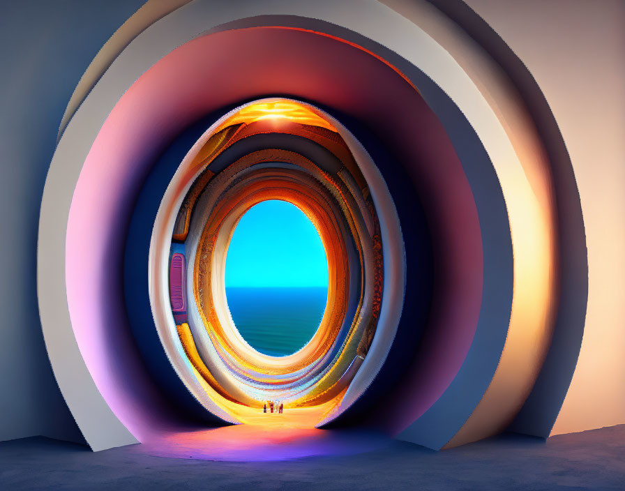 Circular Tunnel with Glowing Lights Leading to Serene Beach View