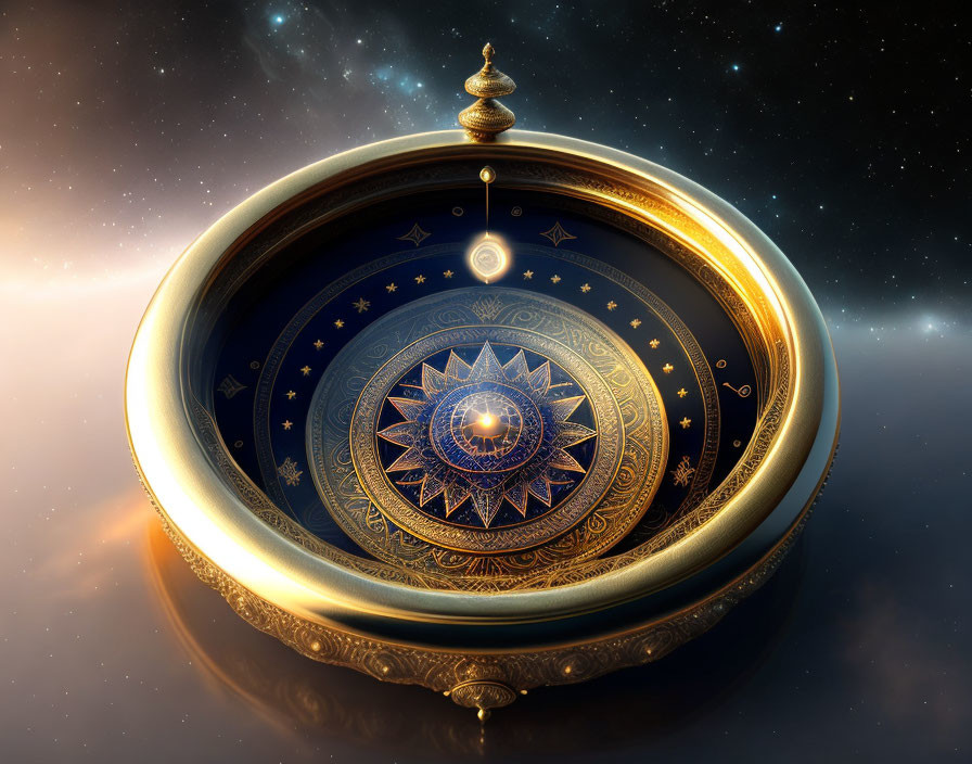 Intricate golden astrolabe against starry space background