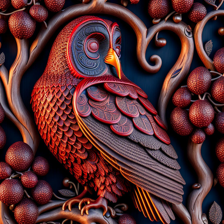 Stylized owl with orange and red plumage on dark background