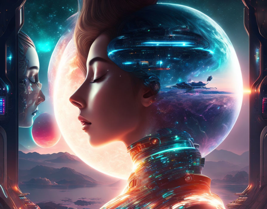 Female Cyborg with Transparent Head Revealing Cosmic Space Scene