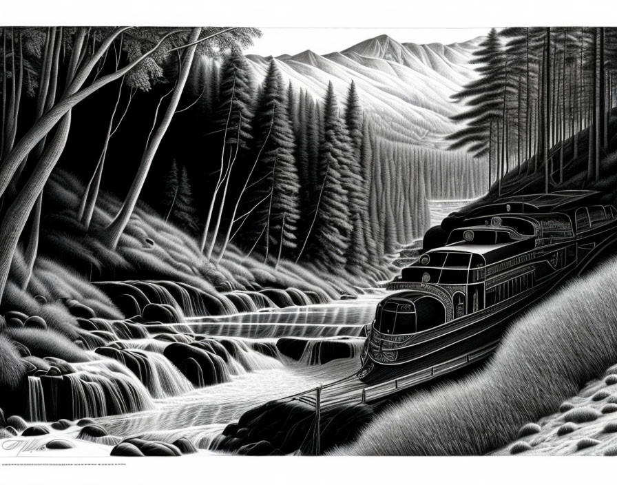 Monochromatic train illustration in river landscape