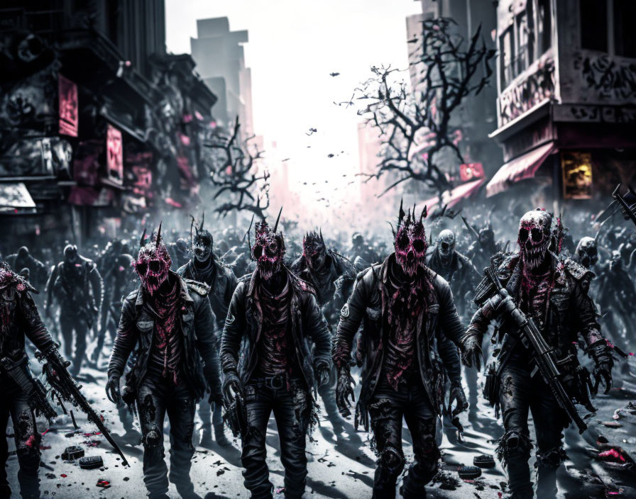 Horde of zombies in urban setting with tattered clothes and masks march on dark street.