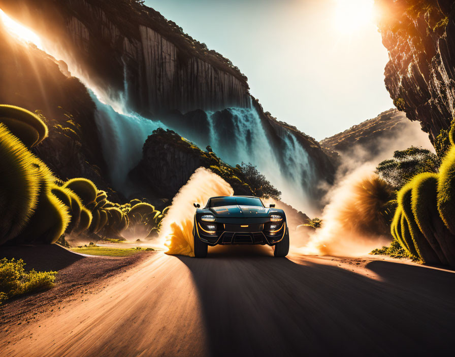 Black Sports Car Speeding Through Scenic Waterfall Landscape