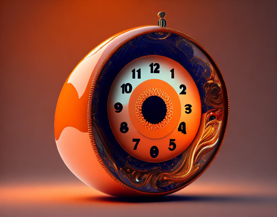 Intricate Clock Face on Surreal Circular Object with Orange and Golden Fractal Designs