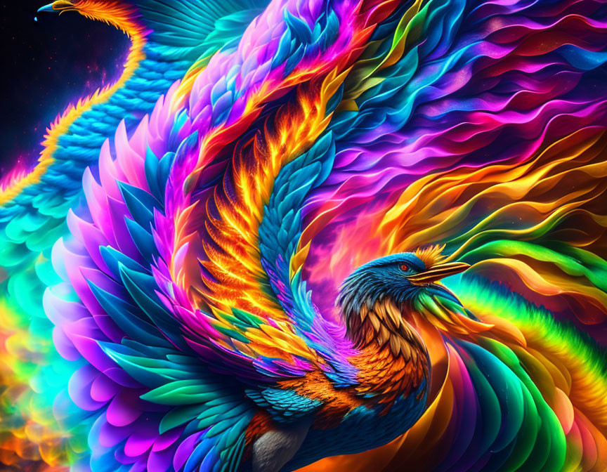 Colorful Mythical Bird Artwork Against Cosmic Background
