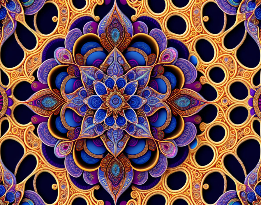 Colorful Symmetrical Mandala-Like Fractal Pattern in Blue, Purple, and Orange