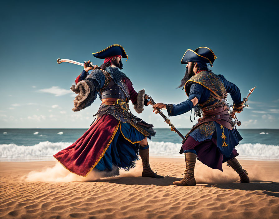 Pirates in Tricorn Hats Duel with Swords on Sandy Beach