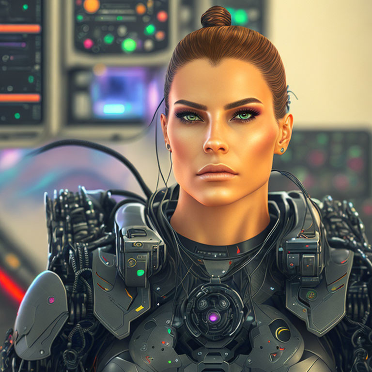 Female Cyborg with Green Eyes and Futuristic Mechanical Parts
